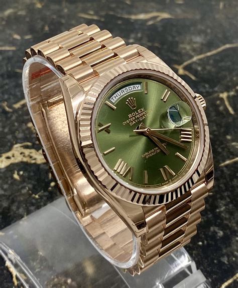 rolex gold day date green face|rolex green dial day date.